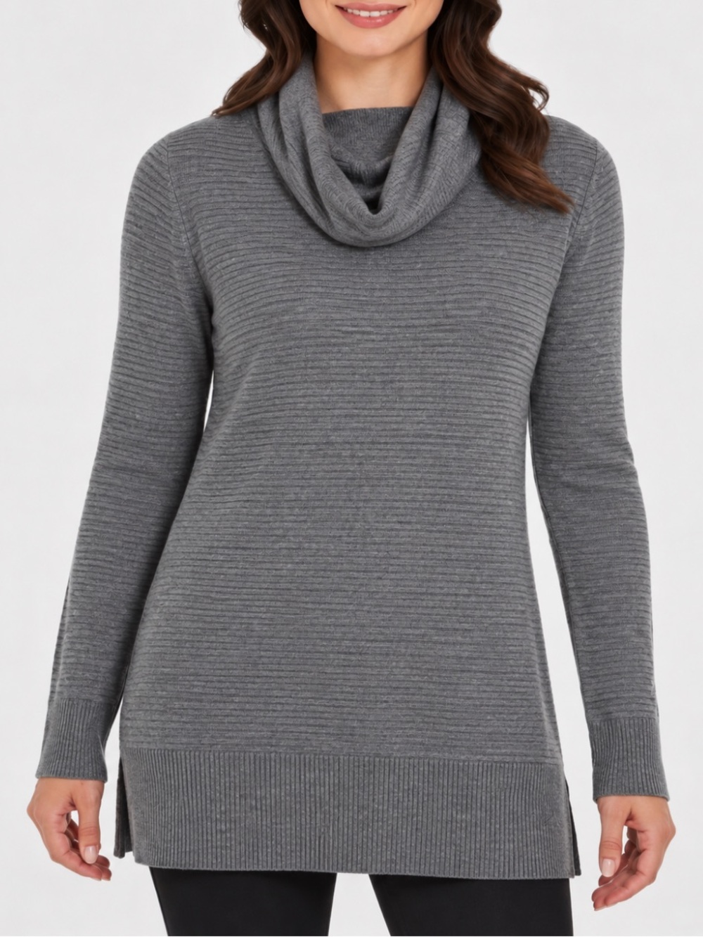 Adrienne Vittadini Gray Cowl Neck Ribbed Side Slit Sweater Size XL